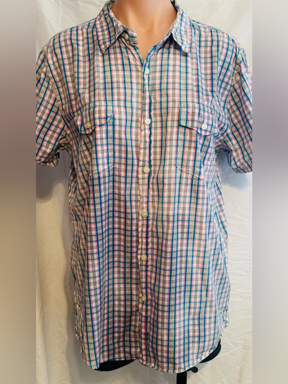Men's Vurt Short-Sleeve Blue & Pink Plaid Button-Up Shirt - L